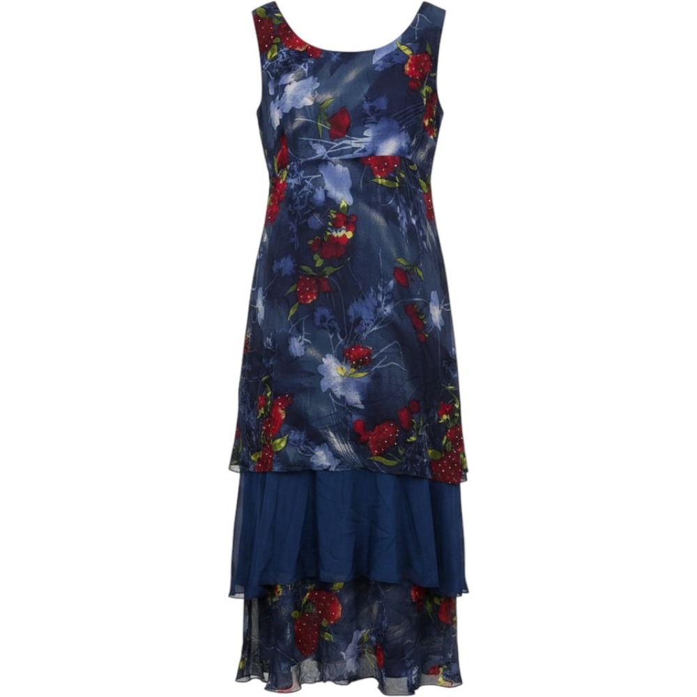 Vintage Blue Floral Rhinestone Tailored Sleeveless Layered Flowy Maxi Dress XL